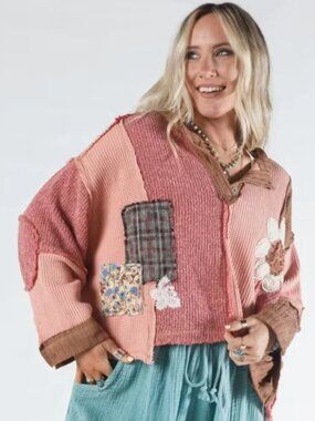 POL Patchwork Oversized Waffle Top Henley